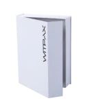 A white, folded, book-shaped rigid box designed for custom packaging solutions. It features a sleek and sturdy structure ideal for premium presentations and secure storage.