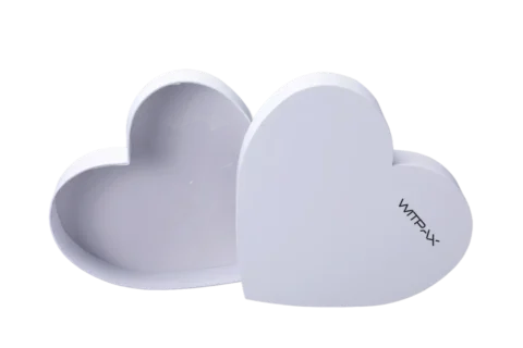 Two white heart-shaped rigid boxes; one is open, and the other serves as the lid.