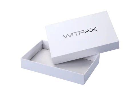 A white rectangular rigid box with the lid slightly ajar, showcasing our custom packaging design. The brand name is prominently featured on the lid.
