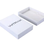 An open two-piece rigid box with the lid placed beside it. The white rectangular lid is designed to fit securely on top of the base.