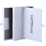 White rectangular rigid box with magnetic closure and ribbon pull tabs, designed to offer a high-quality unboxing experience.