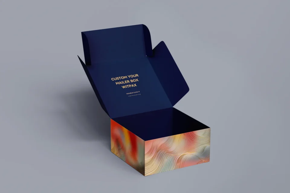 We are a manufacturer of custom box packaging. Please revise the following description to align with packaging terms and ensure it does not depict any text on the packaging:

"Open custom mailer box featuring a dark blue lid, complemented by a colorful abstract wave pattern along the sides, reminiscent of an aurora.