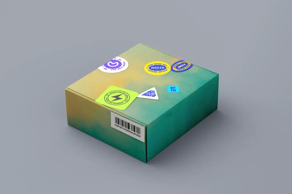 A mailer box with colorful labels and a barcode on a gray background.