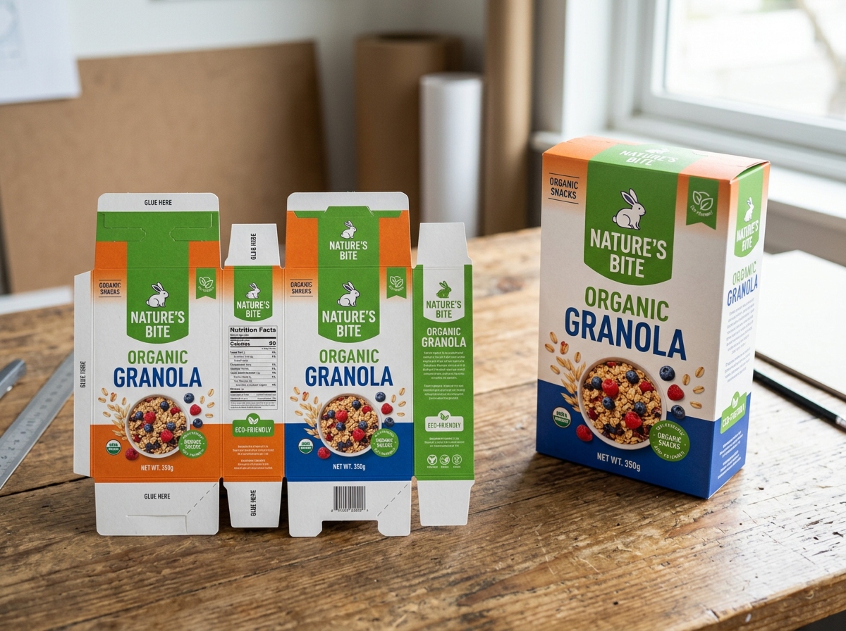 A flat folding carton beside an assembled version with printed graphics, showing the creases, flaps, and locking panels.