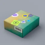 A mailer box with colorful labels and a barcode on a gray background.