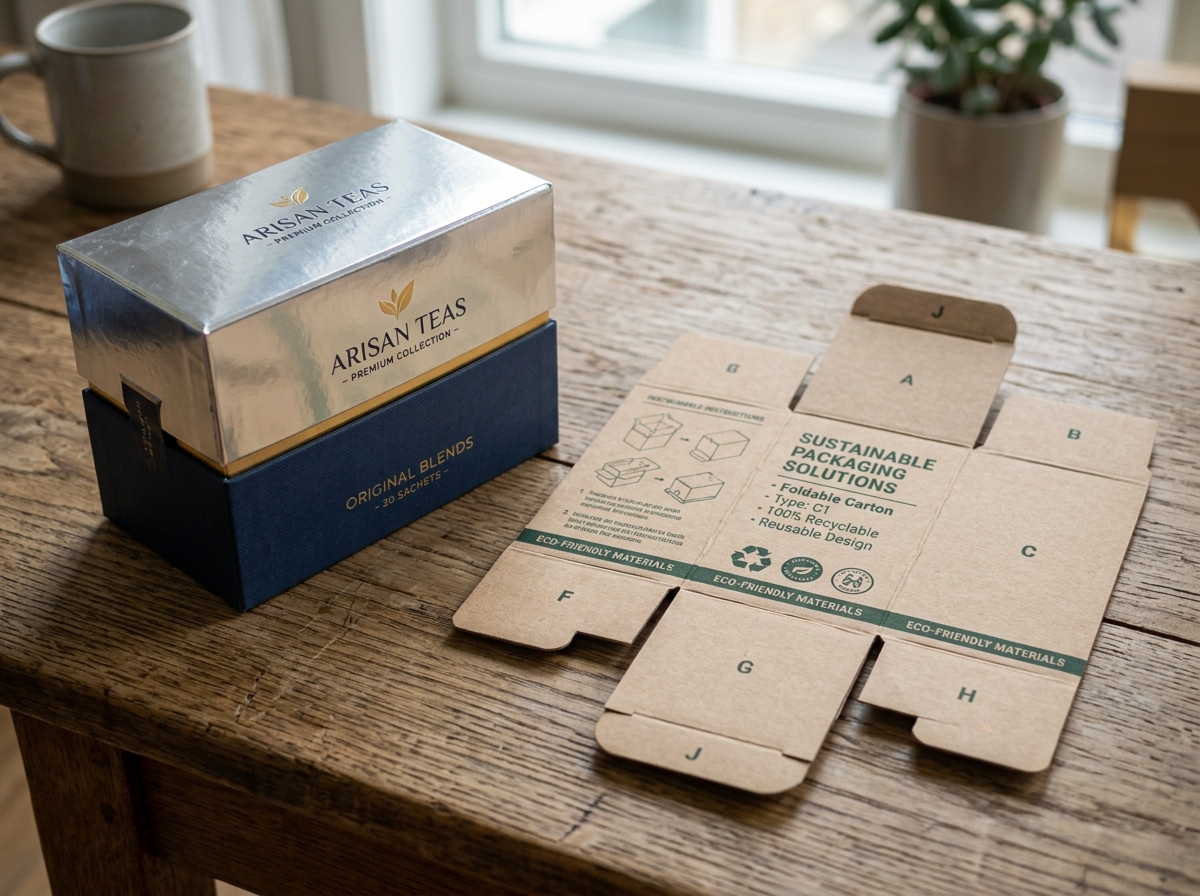 A rigid box with a shiny foil lid sits next to a flat, foldable carton. You can see the differences in materials and designs.