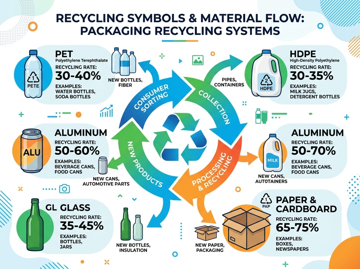 An infographic illustrating recycling symbols and percentages for various packaging types, featuring arrows that demonstrate the material flow within recycling systems.
