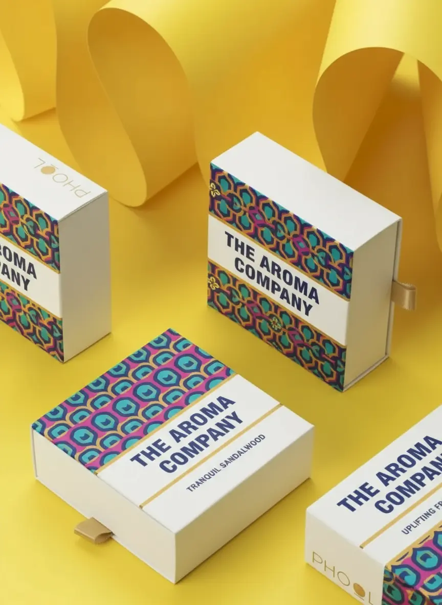 White slide-open boxes for The Aroma Company, featuring a colorful teal and magenta patterned sleeve on a yellow background.