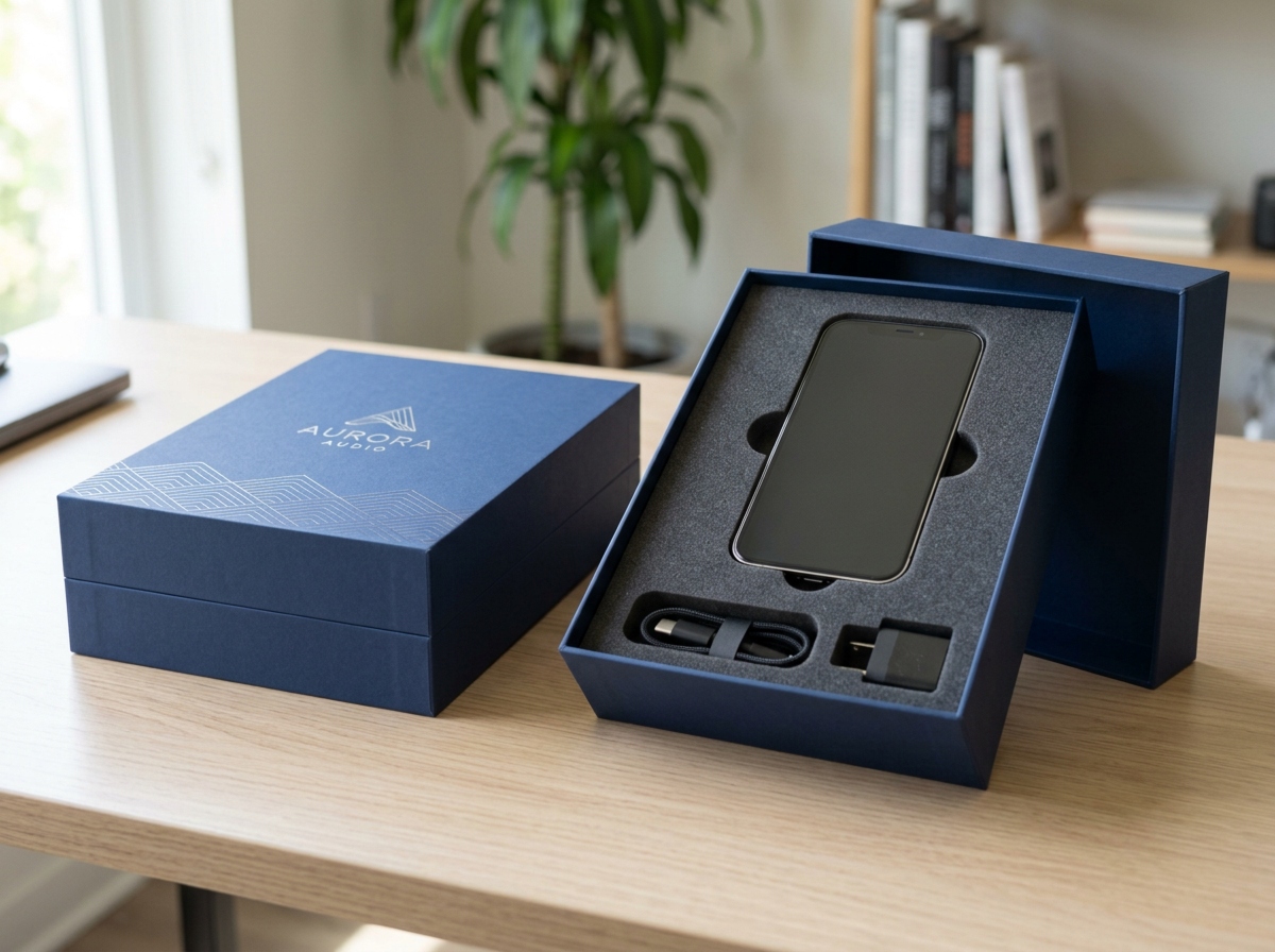 Closed rigid box with clean edges and printed lid next to an open rigid box with foam insert holding a consumer electronic item.