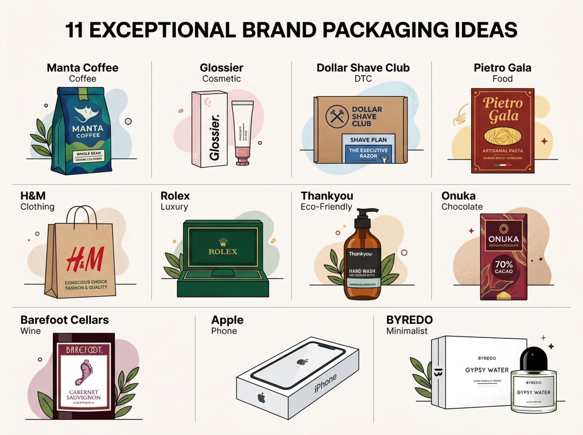Illustration showing 11 exceptional brand packaging ideas