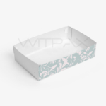Custom folding carton with clear window shown from above, highlighting the rectangular opening and floral pattern details