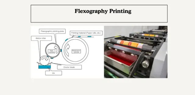 Diagram and machine illustrating what is flexography printing process.