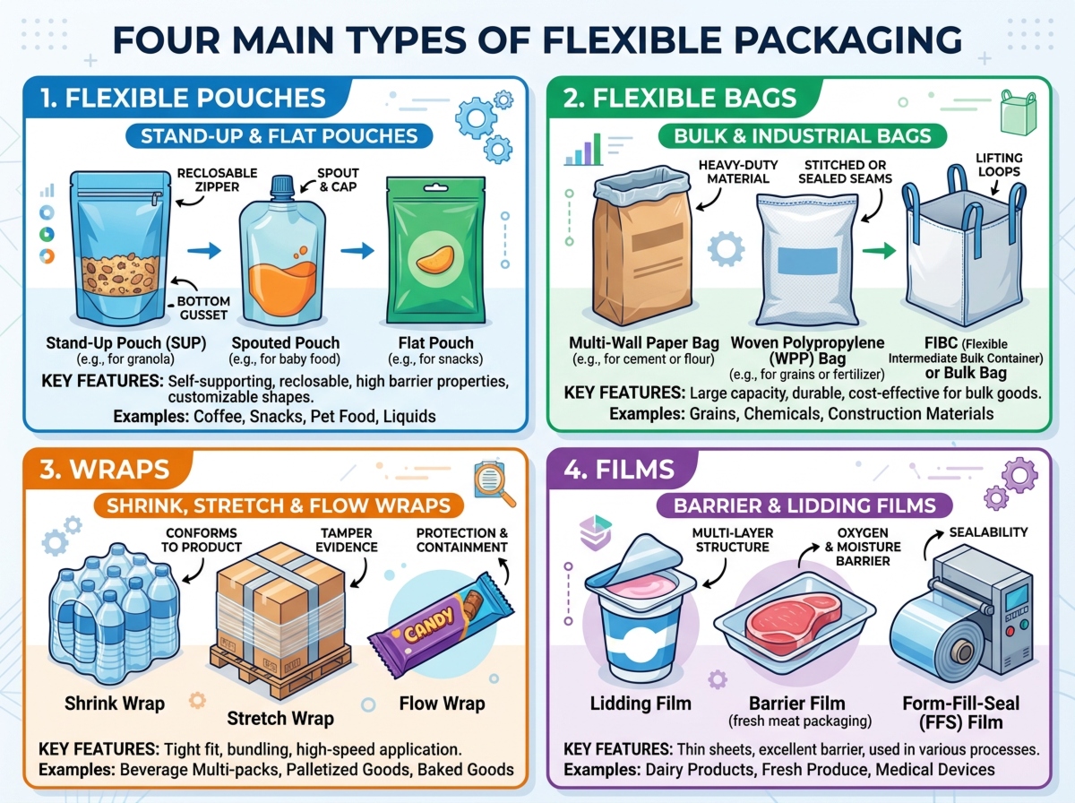 Diagram showing four main types of flexible packaging: flexible pouches, flexible bags, wraps, and films.