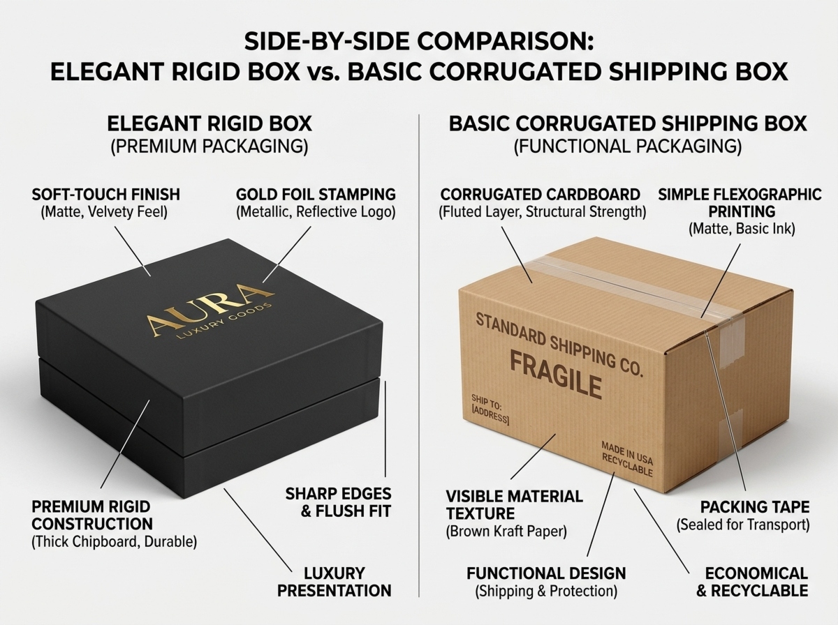 Diagram showing side-by-side comparison of an elegant rigid box featuring a gold foil logo and soft-touch finish, alongside a basic corrugated shipping box displaying simple flexographic printing.
