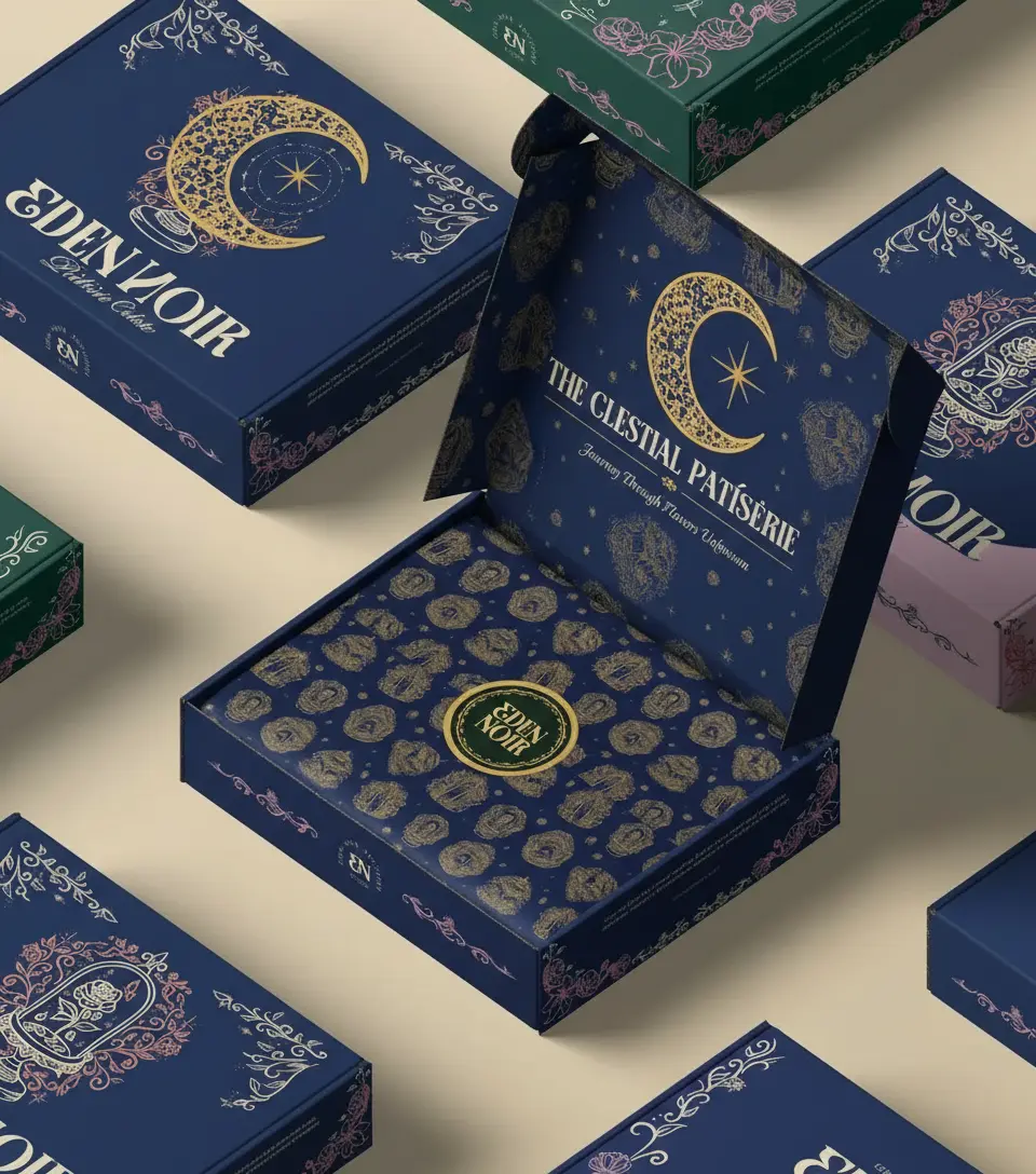 Elegant navy blue and gold foil patisserie boxes for Eden Noir, featuring a celestial moon and star design, with one box open.