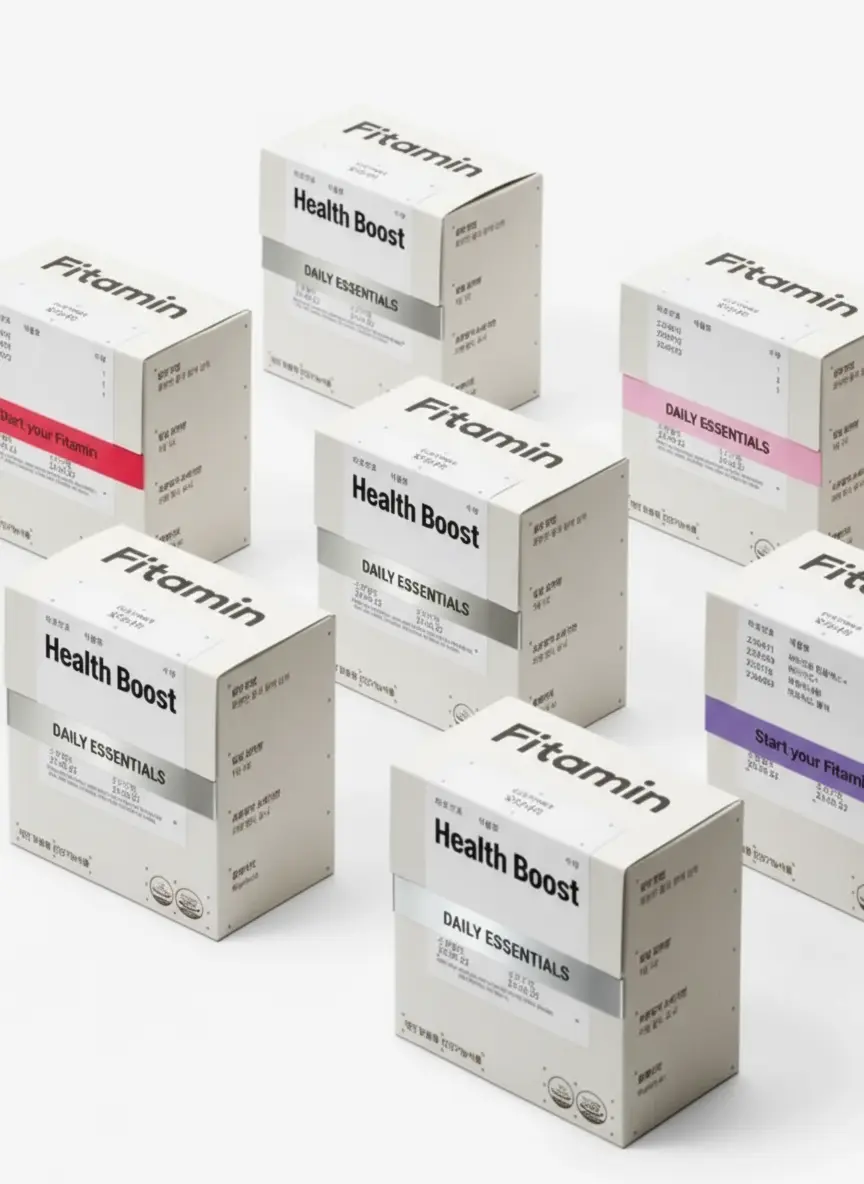 A grid layout of clean, minimalist white boxes for 'Fitamin' supplements, featuring simple typography and small color-coded labels.