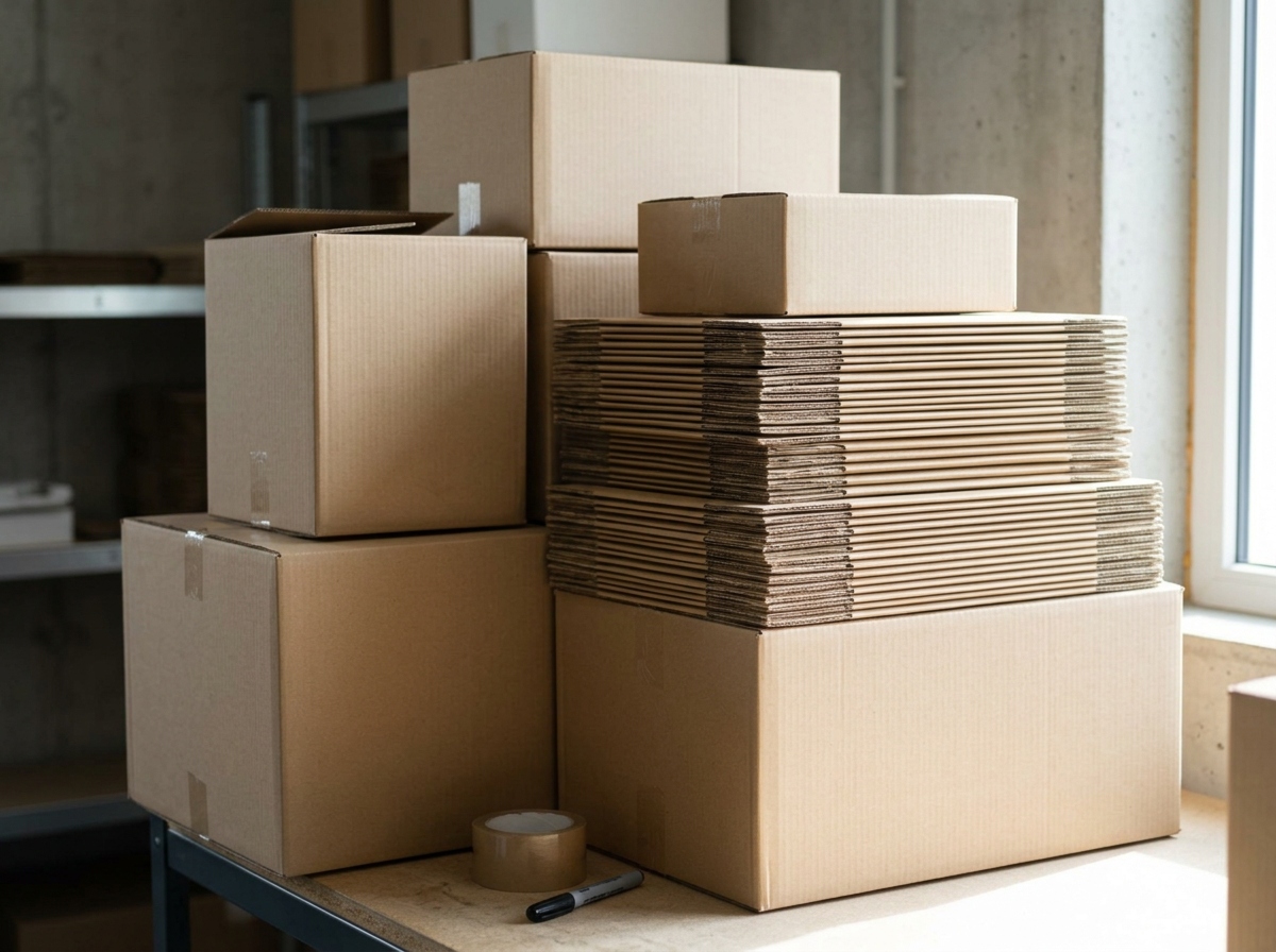 A stack of corrugated cardboard boxes in various sizes. They are lightweight, durable, and eco-friendly, making them great for shipping and storage.