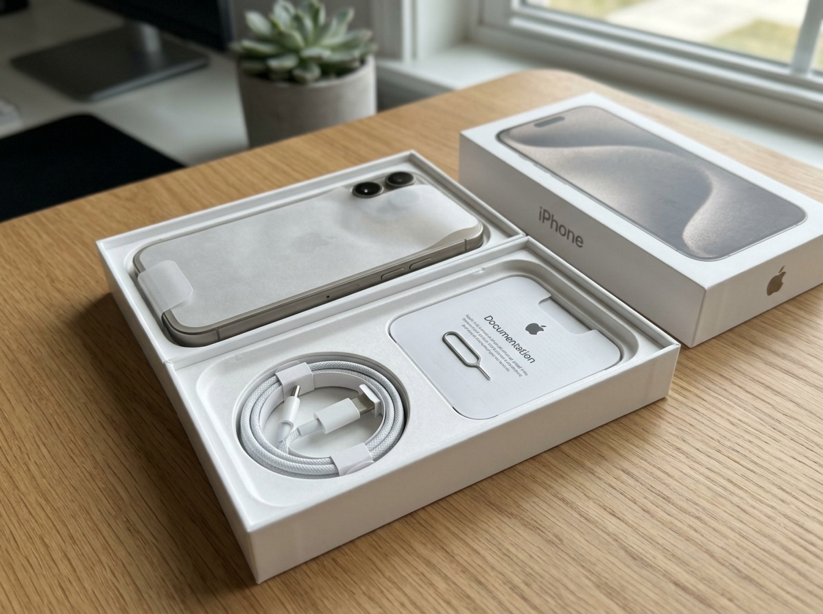 Apple's sleek, white phone box with a clean internal layout