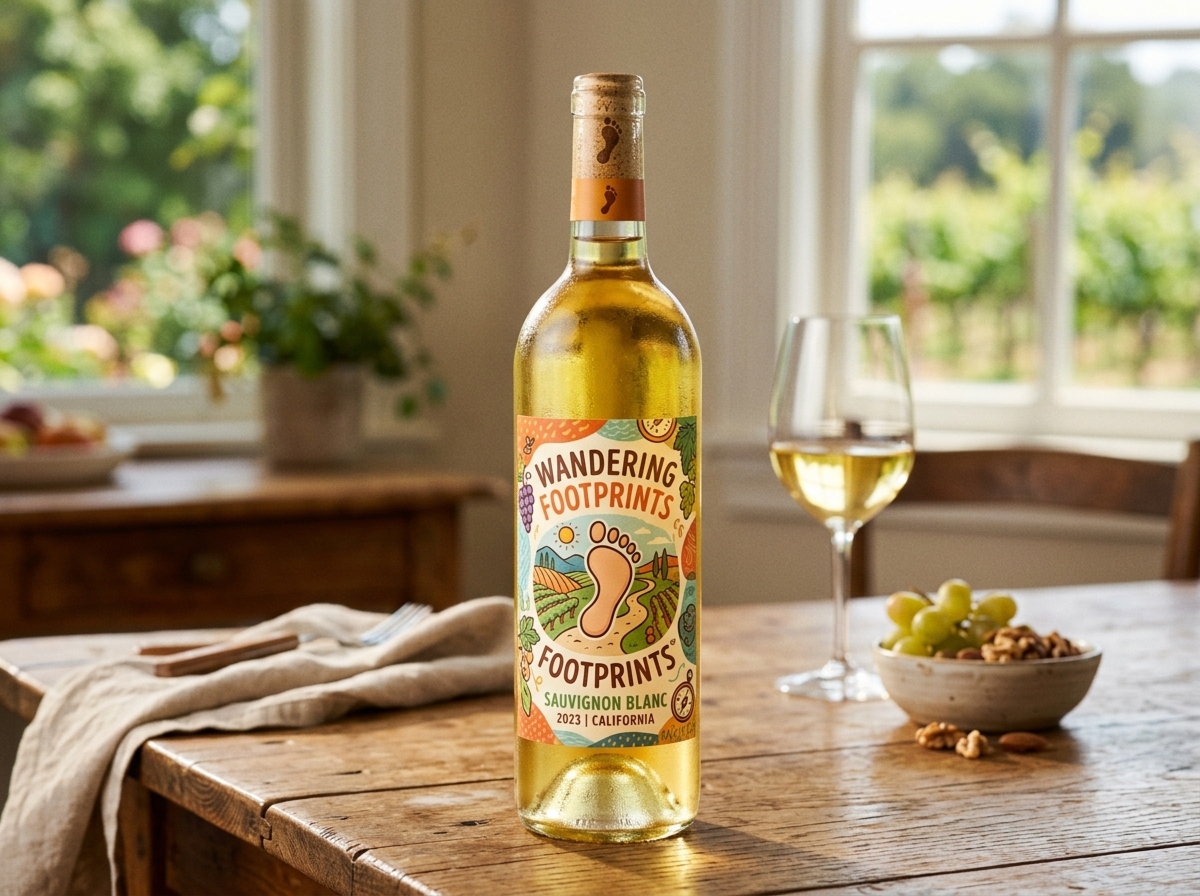 Bright wine bottle with a playful label and footprint logo