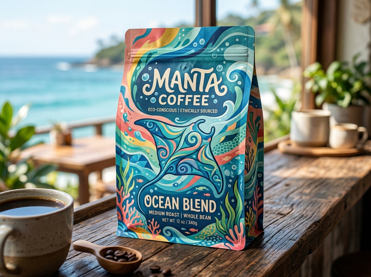 Colorful, eco-conscious Manta coffee bag with ocean-inspired shapes