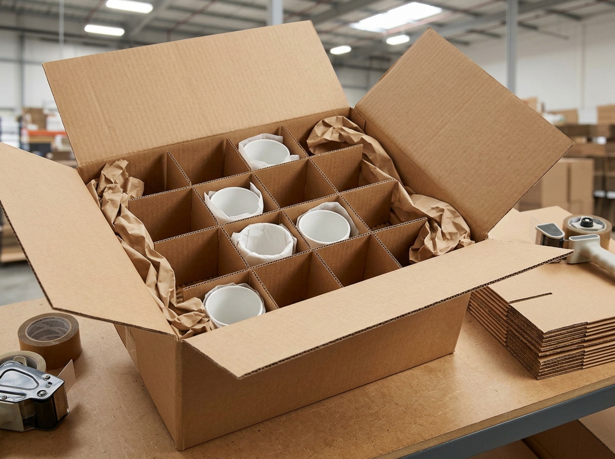 Corrugated inserts like pads and dividers in a shipping box protect and separate fragile items.