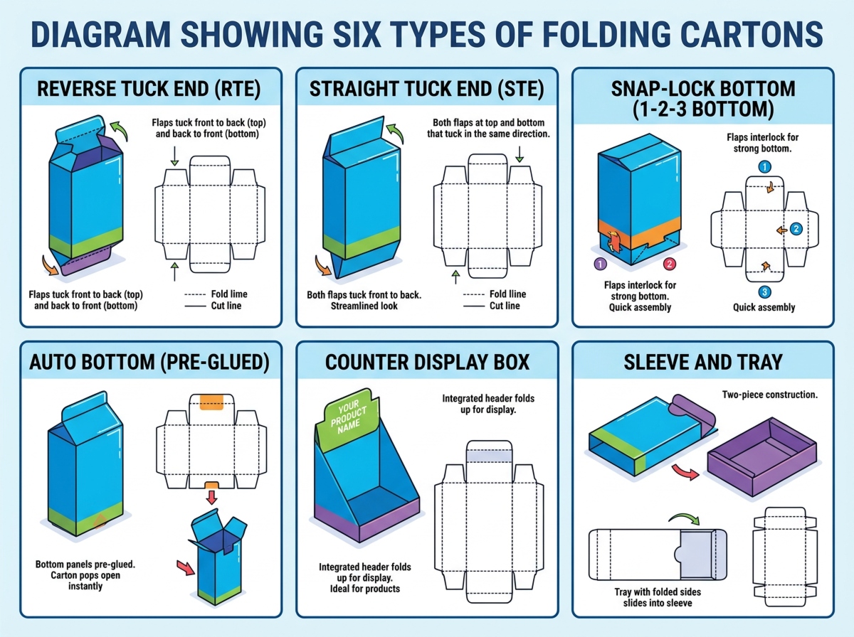 Diagram showing six types of folding cartons