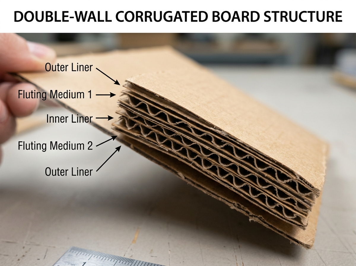 Double-wall corrugated board has two fluted layers. These layers sit between three flat liner boards.