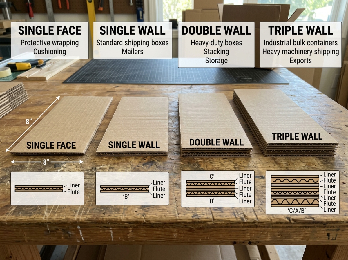 Four types of corrugated board: single face, single wall, double wall, and triple wall.