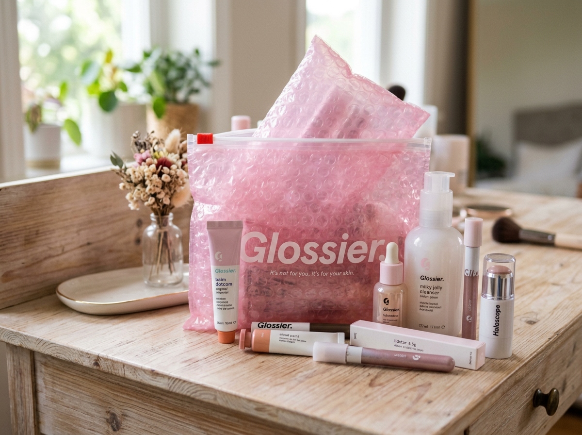 Glossier's packaging with a bubble wrap pouch