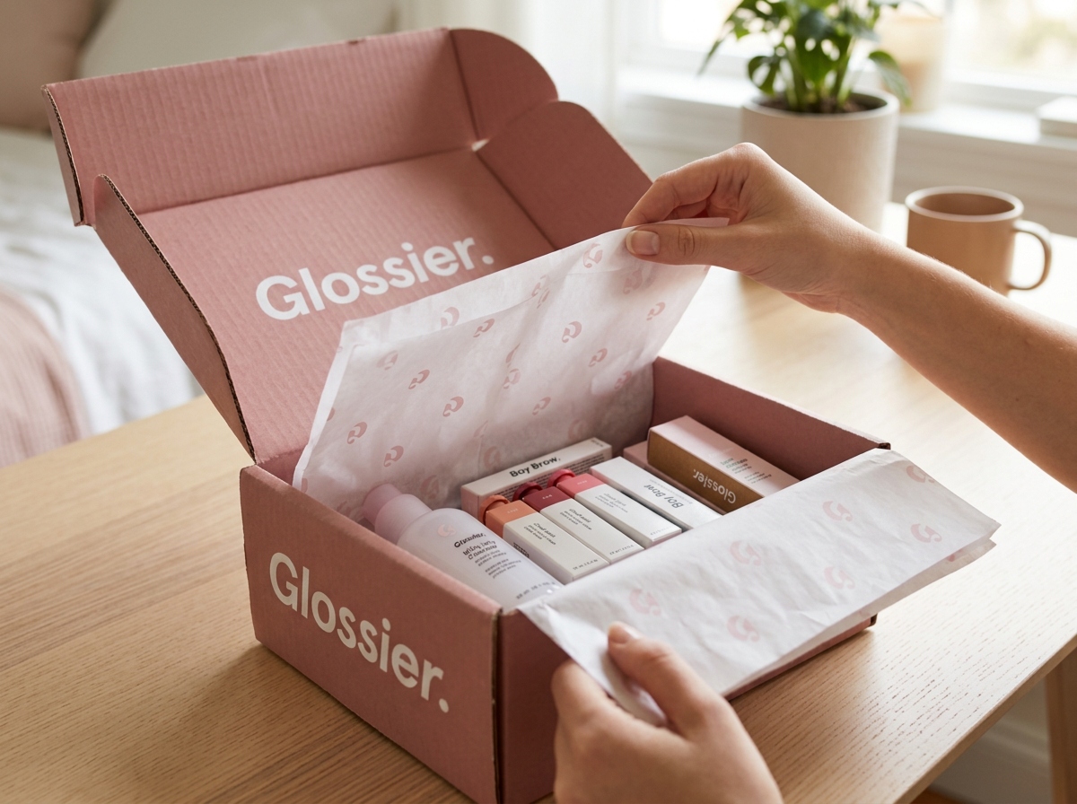 Glossier’s signature pink corrugated box with the logo and custom tissue paper creates a memorable unboxing experience for e-commerce customers.