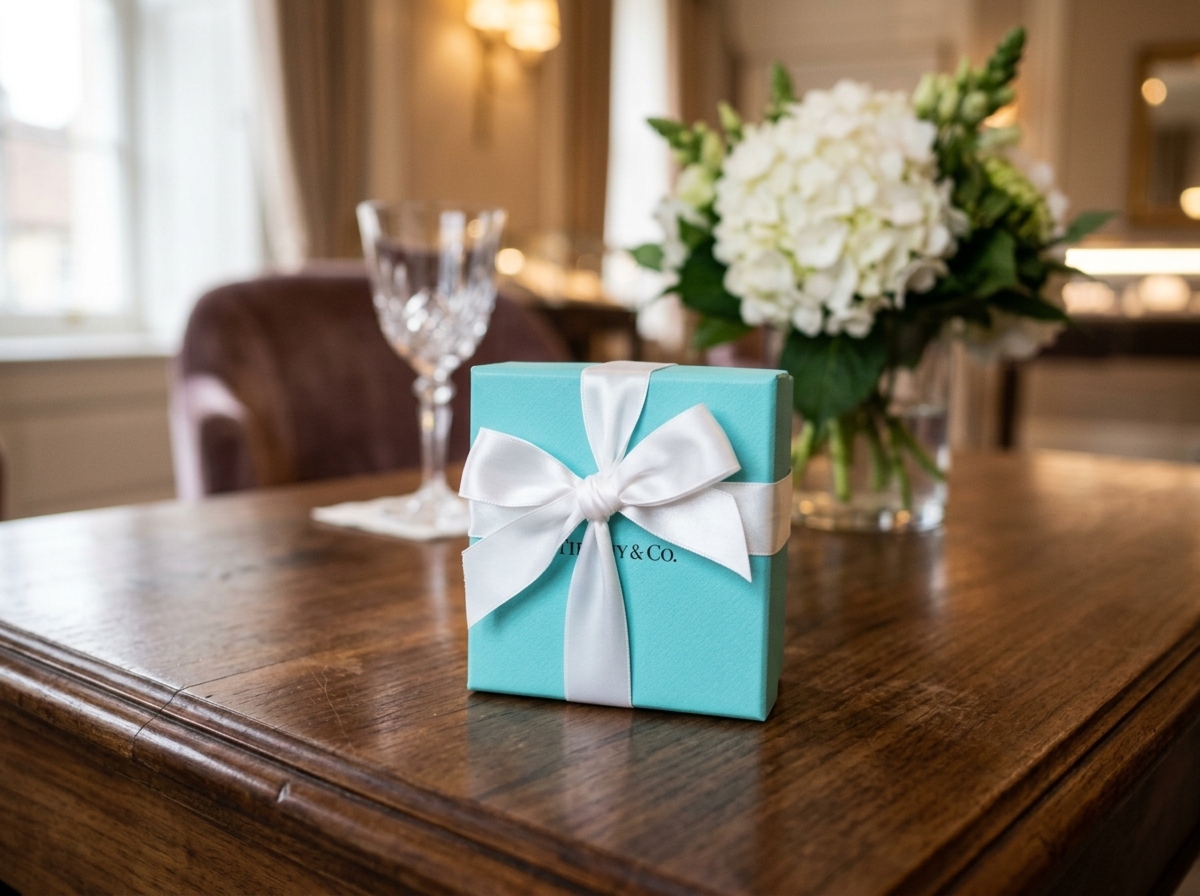 Iconic blue box with a white satin ribbon, used for rings and necklaces, representing Tiffany & Co. luxury