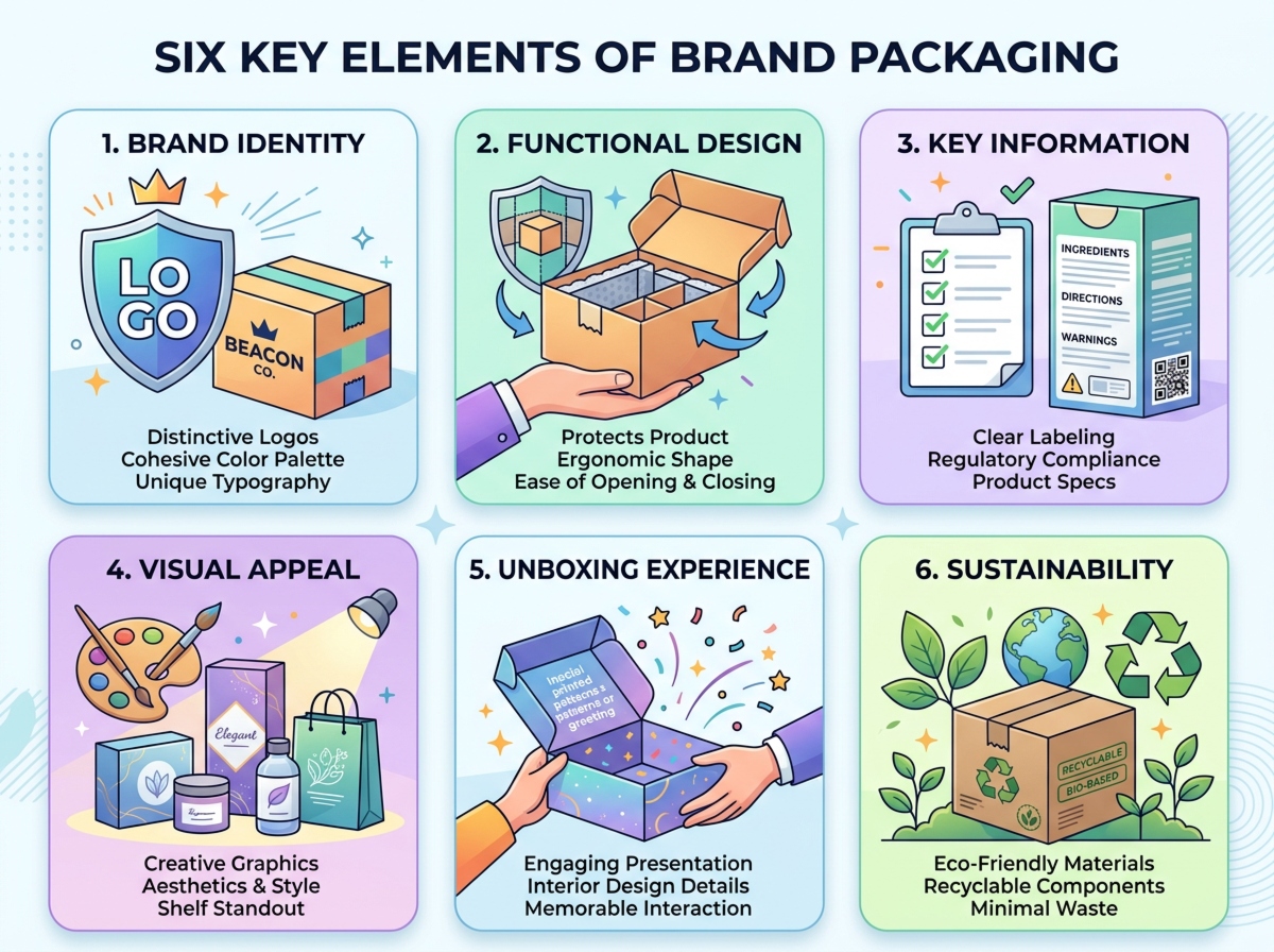 Illustration of six key elements of brand packaging