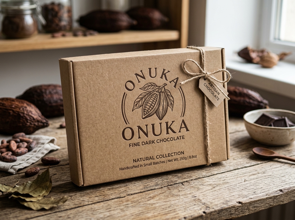 Onuka' chocolate natural box with cocoa pod logo