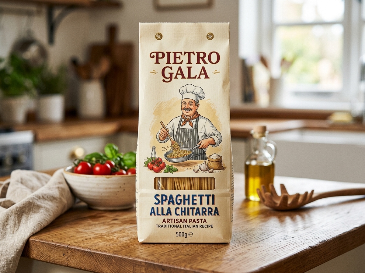 Pietro Gala pasta packaging with chef illustration
