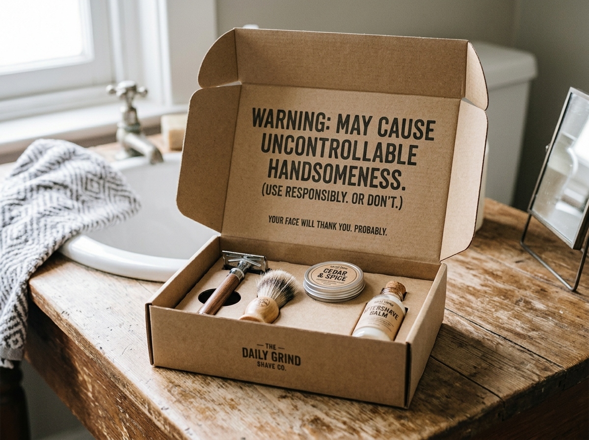 Simple kraft paper shaving kit box with witty interior text