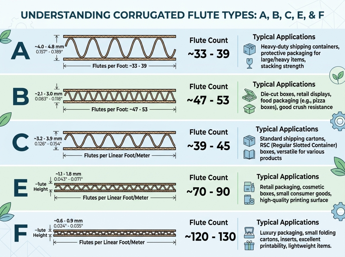 The infographic displaying the different flute types (A, B, C, E, and F) with their dimensions, flute counts, and typical applications.