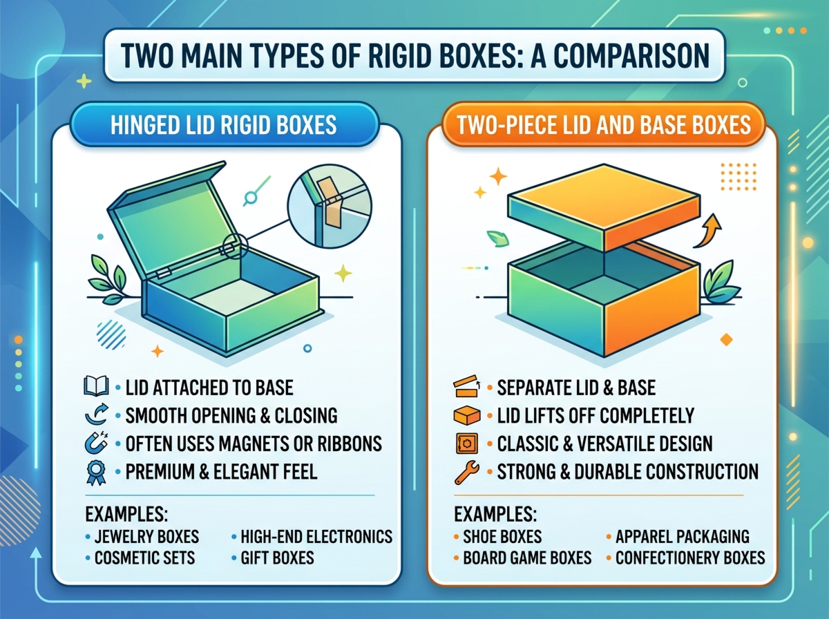 Infographic displaying the two main types of rigid boxes: Hinged Lid Rigid Boxes and Two-Piece Lid and Base Boxes.