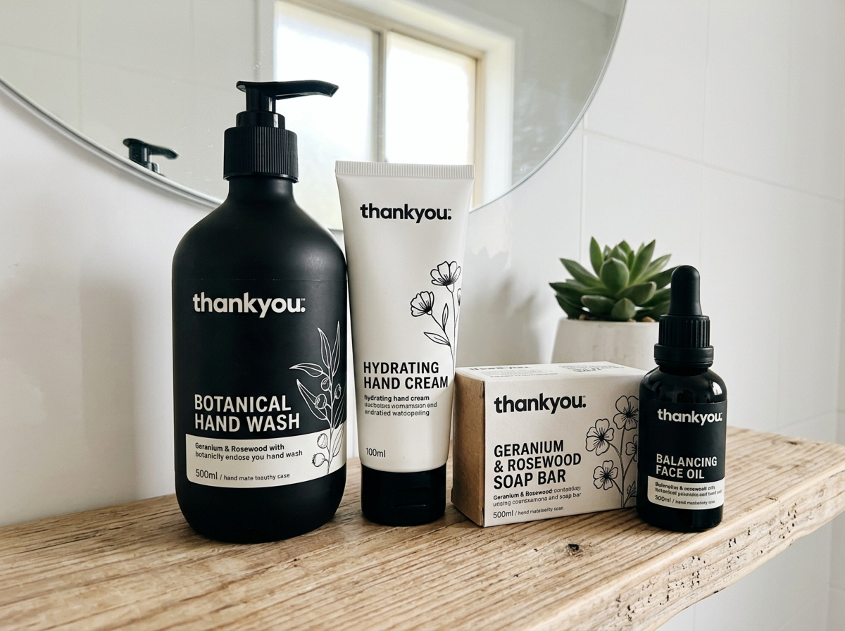 Black-and-white Thankyou packaging for personal care products