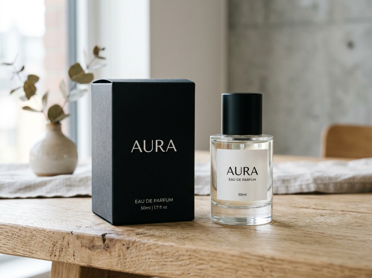 Minimalist black-and-white perfume box and bottle