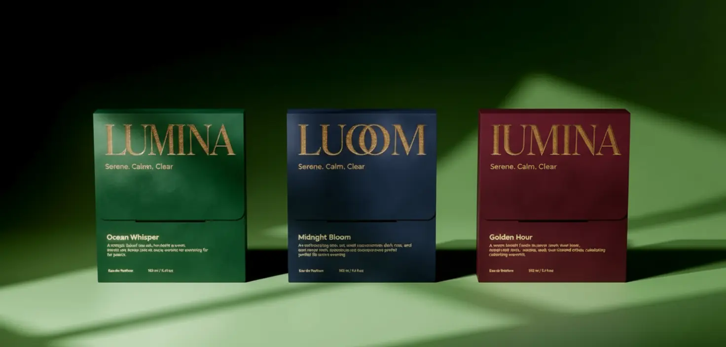 Three luxury perfume boxes in deep green, navy, and maroon, standing in a row and featuring elegant gold foil branding.