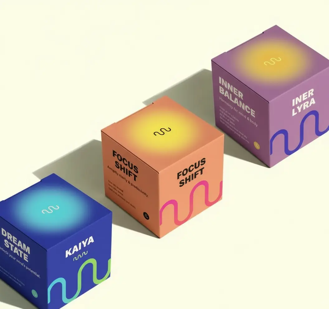 Three modern, colorful cube boxes for wellness products in blue, orange, and purple, with minimalist gradient designs.