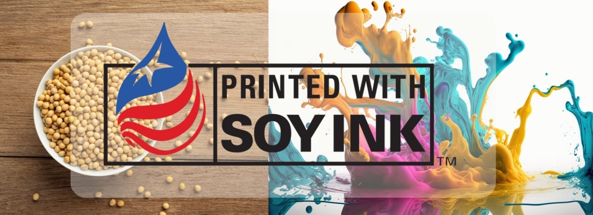 The image showcases a custom box packaging design. On the left side of the box, there is an illustration of a bowl of soybeans, representing natural ingredients. The right side features vibrant splashes of colorful ink to emphasize creativity and quality printing. A leaf and water drop logo further highlight the eco-friendly nature of using soy-based inks for printing.y