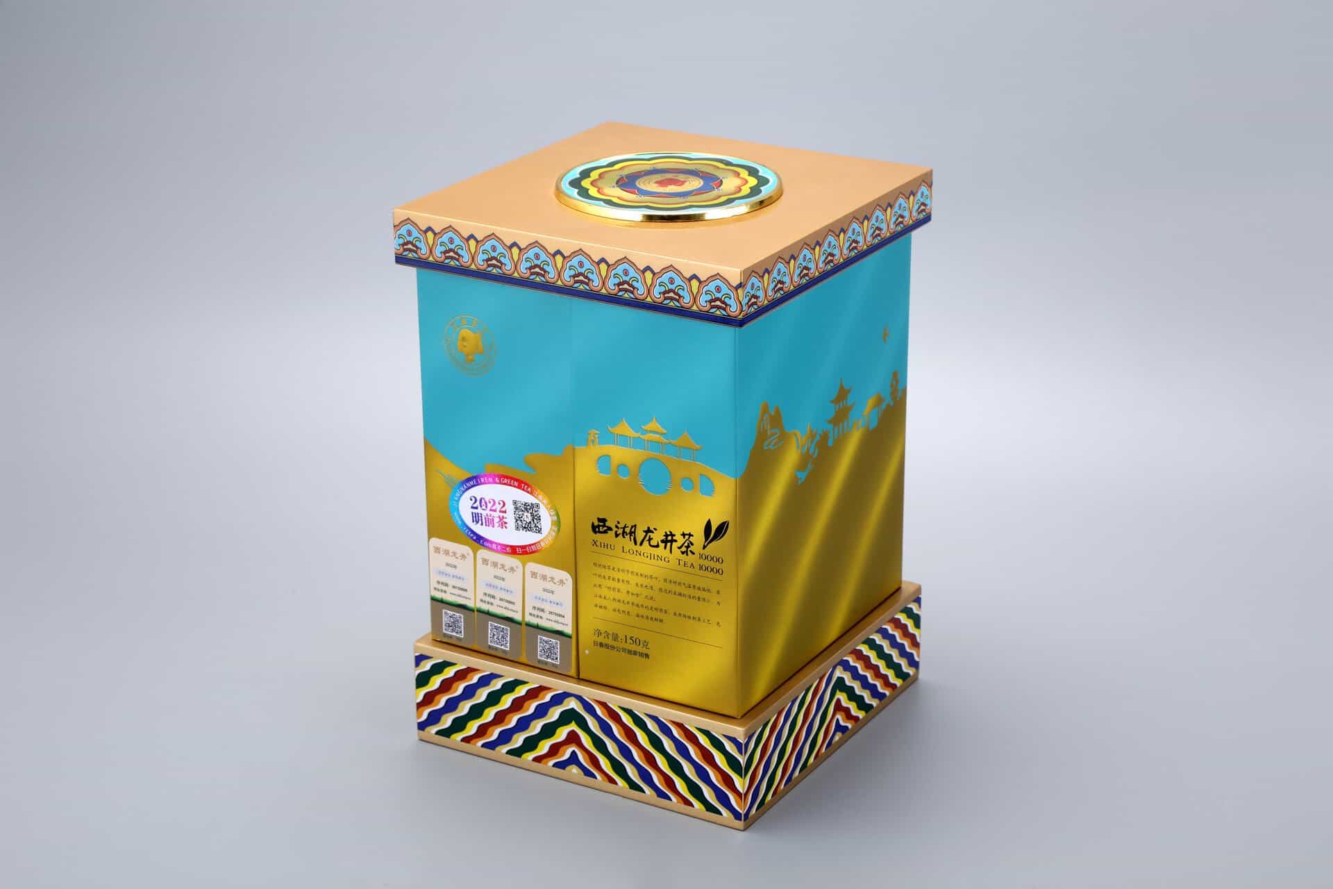 This image depicts a vibrant packaging box featuring intricate patterns and a car design, complemented by a circular emblem on the lid.