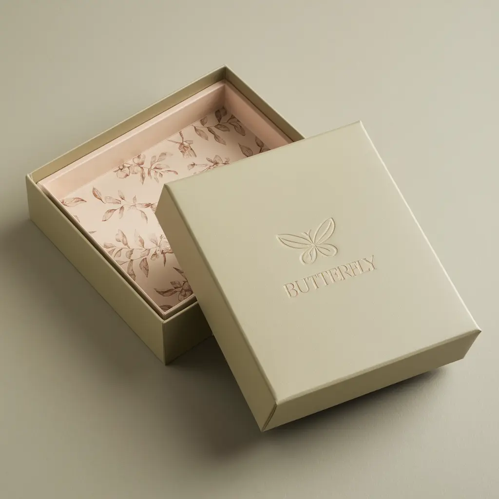 a green box with a butterfly debossed logo