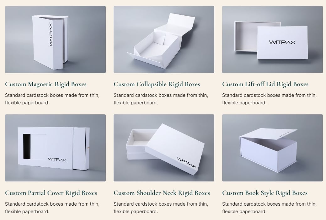 a variety of custom rigid box designs, featuring magnetic closures, collapsible structures, lift-off lids, partial covers, shoulder neck styles, and book-style openings. These boxes are crafted from sturdy paperboard to ensure durability and support while highlighting the premium quality of the packaging.
