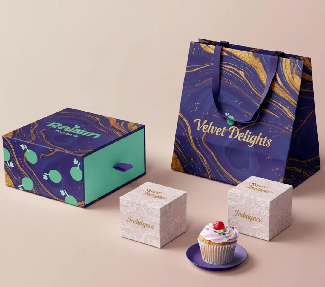 A coordinated patisserie packaging set including a blue and gold marble gift bag, a slide box, and small pink cupcake boxes.