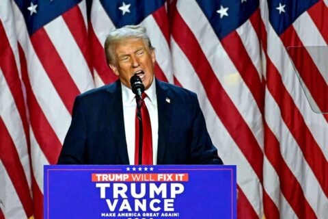 It illustrates Trump dressed in formal attire giving a presentation at a podium with an elegant backdrop featuring national symbols.