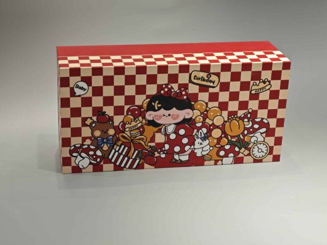 Our product is a custom-designed rectangular gift box in an appealing red color, featuring a checkered lid adorned with playful cartoon characters and food-themed illustrations. This versatile packaging solution is ideal for enhancing any occasion.